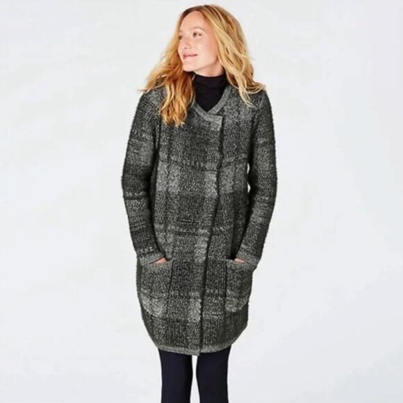 J.JILL Windowpane Long Fuzzy Knit Cardigan Sweater Black Gray Size L - Picture 8 of 8
